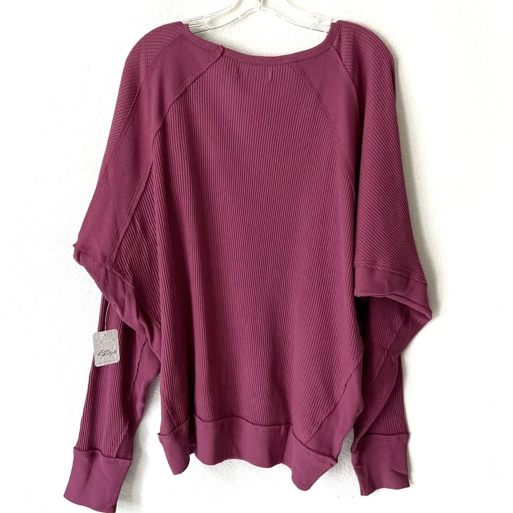 FREE PEOPLE SANTA CLARA THERMAL OVERSIZED TOP MULBERRY V-NECK  PULLOVER … - Picture 8 of 14